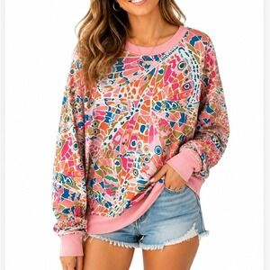 One Eleven North Sweatshirt Womens Large Pink Butterfly Wing Mosaic Print